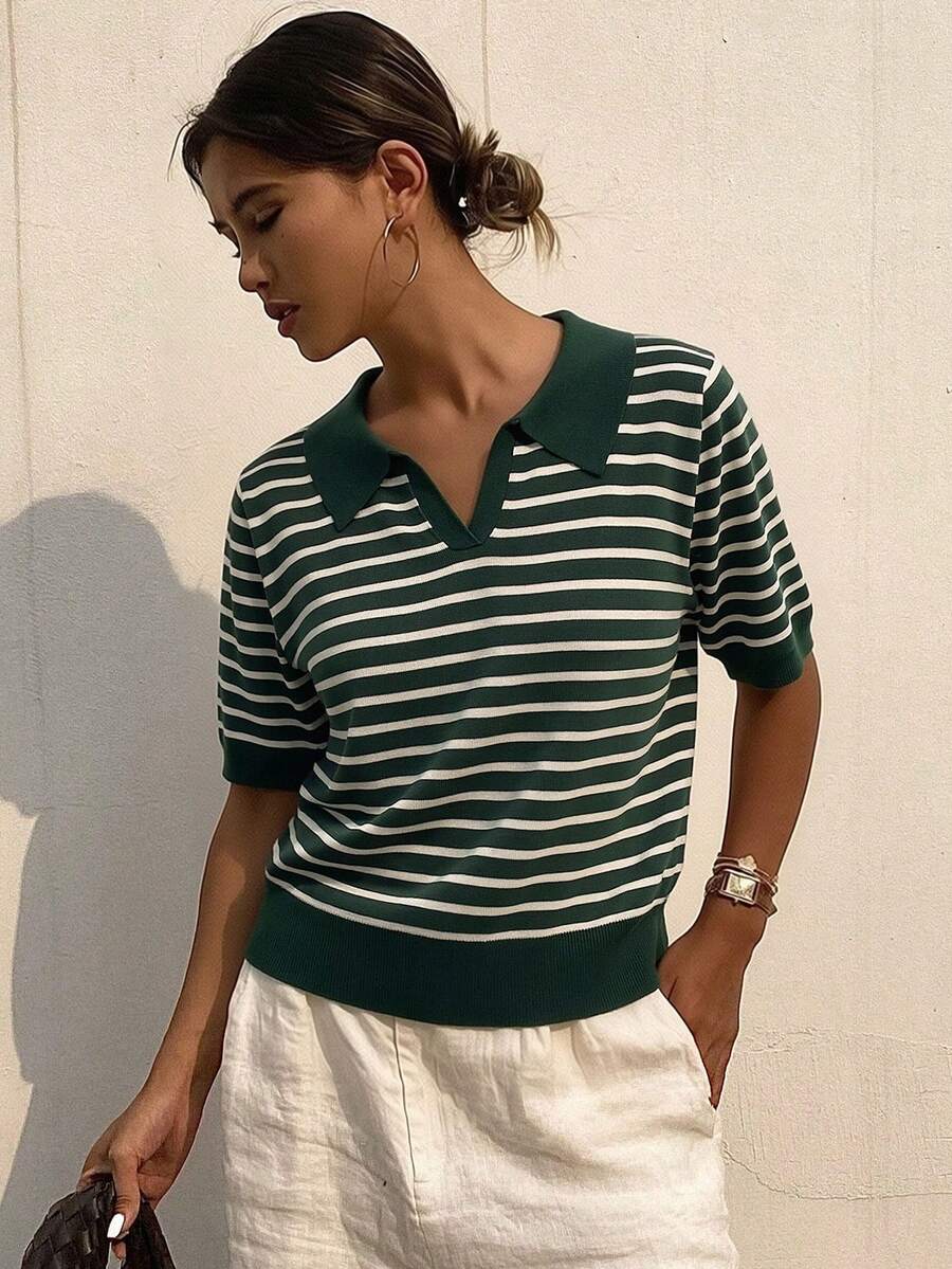 DAZY Áo polo tay ngắn kẻ sọc kiểu dáng thường ngày dành cho nữ, thích hợp cho mùa xuân và mùa hè. - màu xanh lá - Xem 1