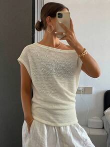 DAZY Áo thun ngắn tay ôm sát người, trễ vai, xếp ly, kẻ sọc dành cho nữ - trắng - Xem 5