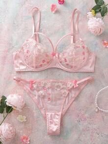 2件套刺绣蝴蝶结丝滑内衣套装，粉色 - 粉色 - 查看 6