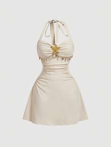 SHEIN MOD Halter Neck Starfish Metal Button Dress With Shell-Decorated Chain,Light Beige,Summer,Casual,Holiday,Vacation,Holiday,Western Style Vintage Dresses - Apricot - View 2