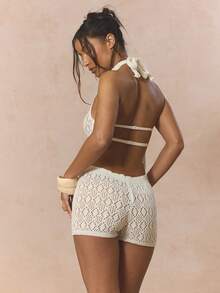 MUSERA High Neck Ring Cut Out Bust Detail Crochet Pattern Mini Short Playsuit Romper Unitard Cute Spring Holiday Girly Sugar Salt - White - View 4