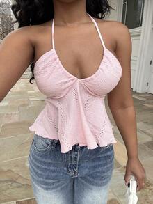 Alexandranx WYWH女士假日紋理灰藍色V領領口蝴蝶結雞尾酒背心 - 粉色 - 查看 4