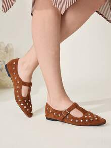 CUCCOO CHICEST Mocasines casuales y versátiles de mujer con diseño de hebilla y remaches - Marrón - Ver 7