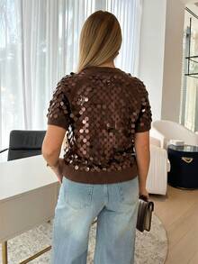 Cioccolato 时尚百搭亮片装饰短袖针织上衣 - 棕色 - 查看 3