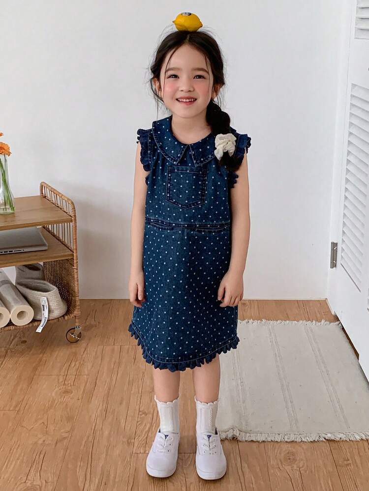 Young Girl Fashionable Unique Ruffle Sleeve Polka Dot Denim Dress