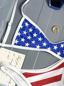 Swim Vcay 2026 New Women's Summer Beach Vacation American Flag Independence Day Print Backless Spaghetti Strap Minimalist Sexy High Cut Swimwear Set - Multicolor - View 7