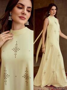 ZEYLAH 无袖连衣裙，饰有串珠缎带领，春夏款 - 黃色 - 查看 1