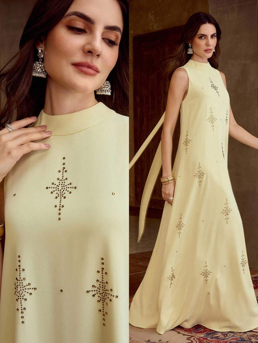 ZEYLAH 无袖连衣裙，饰有串珠缎带领，春夏款 - 黃色 - 查看 1