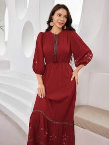 Mulvari Women's Embroidered Round Neck Lantern Sleeve Elegant Dress - Burgundy - View 8