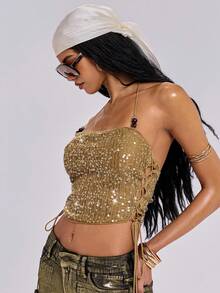 ROMWE Country Spring/Summer Avant-Garde Vacation Sexy Y2K Subculture Sequin Crochet Women Camisole - Mocha Brown - View 9