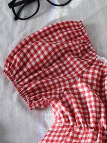 SHEIN 女童复古甜美风上衣一件：珍珠饰边+白色波点，泡泡袖短袖方领收腰设计，轻薄不蓬松，宽松舒适，适合约会/日常穿着，春夏皆宜。 - 紅色 - 查看 3