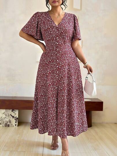 Roveilla 大码女式优雅荷叶边袖V领高腰A字长款碎花休闲连衣裙