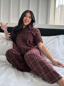 Dazy Plus 2pcs Casual Plaid Pajama Set, Loose Fit Short Sleeve Top And Straight Leg Pants, Spring/Summer Sleepwear - Red - View 4