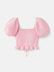 lacRébo Pink Crocheted Square Neckline Top With Short Puff Sleeves, Tied At The Back, For Spring And Summer Spring Summer French Style Parisian Style - Pink - View 6