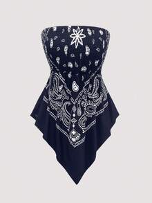 SHEIN Franclia Schwarzes bedrucktes kurzes Camisole Top, taillierter sexy Träger-Top für den Sommer; Vintage bedrucktes elastisches enges kurzes Camisole Top für den Sommer; asymmetrisches kurzes Camisole Neu Design ärmelloses Top für den Sommer - marineblau - Übersicht 2