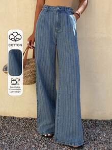 Livesso 女士休闲条纹水洗直筒牛仔裤，四季皆宜 - 中等水洗藍 - 查看 1