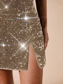 SHEIN BAE 女士黑色丝绒亮片迷你连衣裙，适合鸡尾酒会、夜店、夜间外出、正式活动、派对、万圣节、圣诞节等场合。 - 杏色 - 查看 5