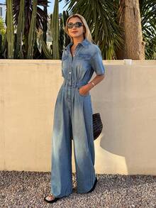 DAZY Bộ jumpsuit denim ống rộng có túi giả, kiểu dáng thường ngày dành cho nữ, thích hợp cho mùa xuân/hè, váy dự tiệc cưới. - Rửa trung bình - Xem 6