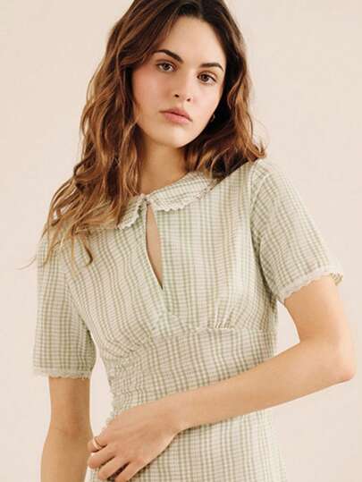 lacRébo Sage Green Check Print Mini Dress With Keyhole Neck And Collar With Lace Trim Detail Spring Summer French Style Parisian Style Vacation Boho Dress Business Casual