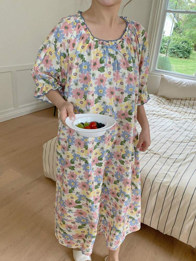 Dazy Plus Floral Print Cute Plus Size Scoop Neck Ruffle Hem Short Sleeve Long Loose Fit Plus Size Women Summer Nightgown