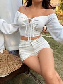 SHEIN VCAY Off Shoulder Knot Front Crop Blouse - White - View 4
