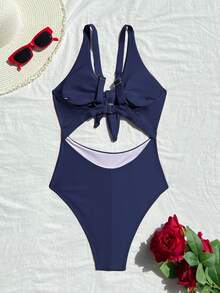 SHEIN Swim 纯色优雅无袖高腰可调节肩带连体泳衣，女士，春夏款 - 藏蓝色 - 查看 6