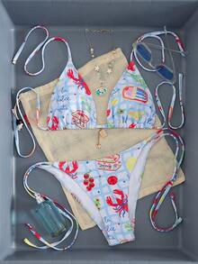 Swim Mod 2pcs/Set New Random Print Halter Sexy Elegant Vacation Bikini Set, Suitable For Beach, Pool Party - Multicolor - View 1