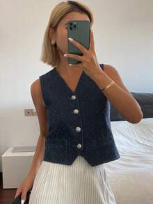 Livesso Women's V-Neck Single-Breasted Casual Denim Vest - Medium Wash - View 4