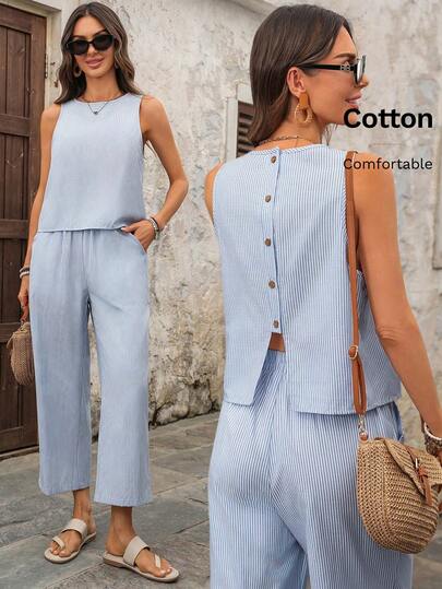 EMERY ROSE Conjunto de 2 piezas de top sin mangas con estampado de rayas y pantalones de pierna ancha para mujer, estilo casual de vacaciones