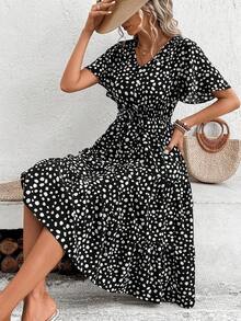 EMERY ROSE Dalmatian Print Knot Front Ruffle Hem Dress Maxi Women Outfit - Black - View 7