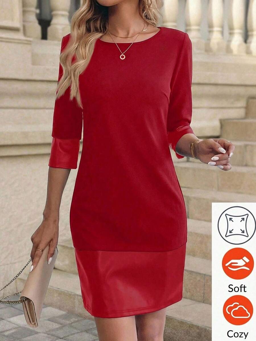 Editum 女士黑色PU拼接针织直筒连衣裙，适合日常通勤，百搭黑色连衣裙 - 紅色 - 查看 1