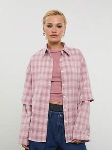 COUREZ 长袖宽松格纹双层衬衫 / Y2K 春季女装 粉色衬衫 外出穿搭 夏季穿搭 春假穿搭 夏季衬衫 - 粉色 - 查看 2