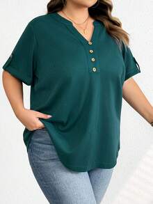 SHEIN CURVE+ Áo thun nữ tay ngắn cổ chữ V trơn màu cỡ lớn/2026/Năm mới - Màu xanh lá cây đậm - Xem 8