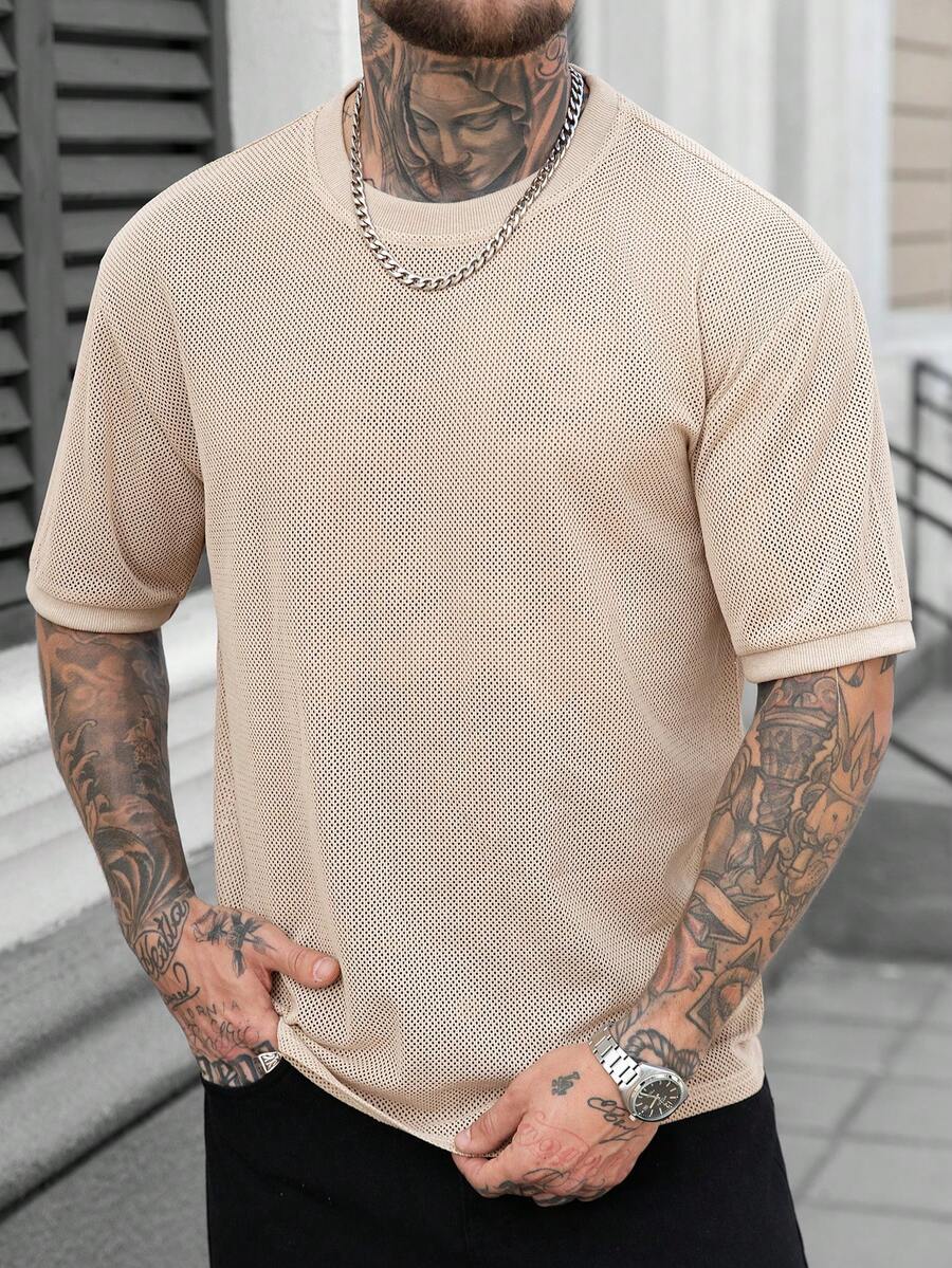 Manfinity CasualCool Herr-T-shirt med rund hals och kort ärm, vår/sommar, avslappnad mesh - Beige - Visa 1