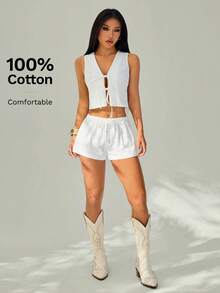SHEIN PETITE Women's 100% Cotton 2 Pieces Set White Summer Boho Vacation Holiday Solid Color Tie Front Cropped Sleeveless Top And Shorts Casual Co Ord Outfit - White - View 3