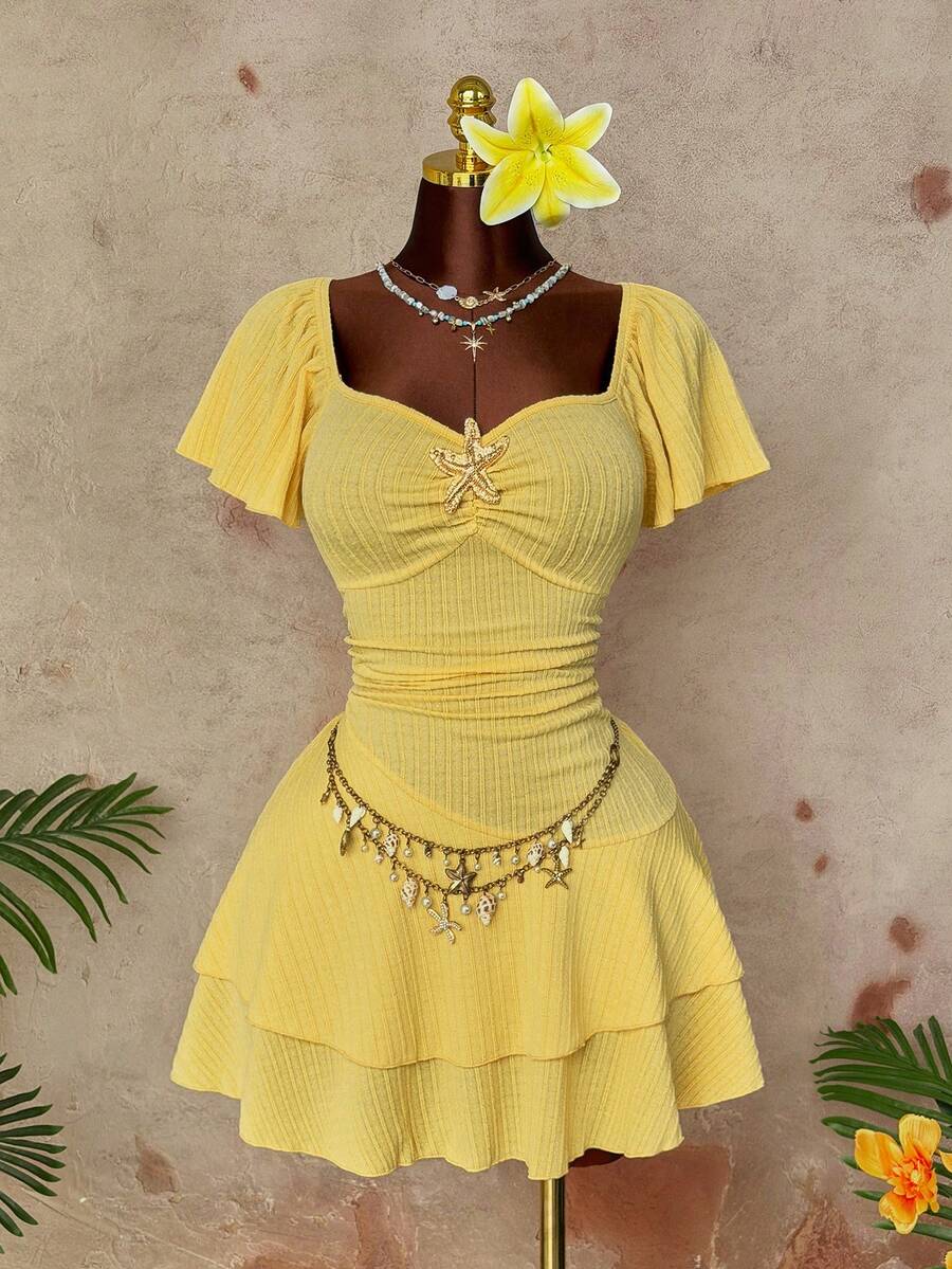 Sunspun Casual Elegant Minimalist French Style Short Sleeve Ruffle Sleeve Starfish Metal Decor Fitted A-Line Jacquard Fabric Yellow Summer Vacation Plus Size Women Dress - Yellow - View 1