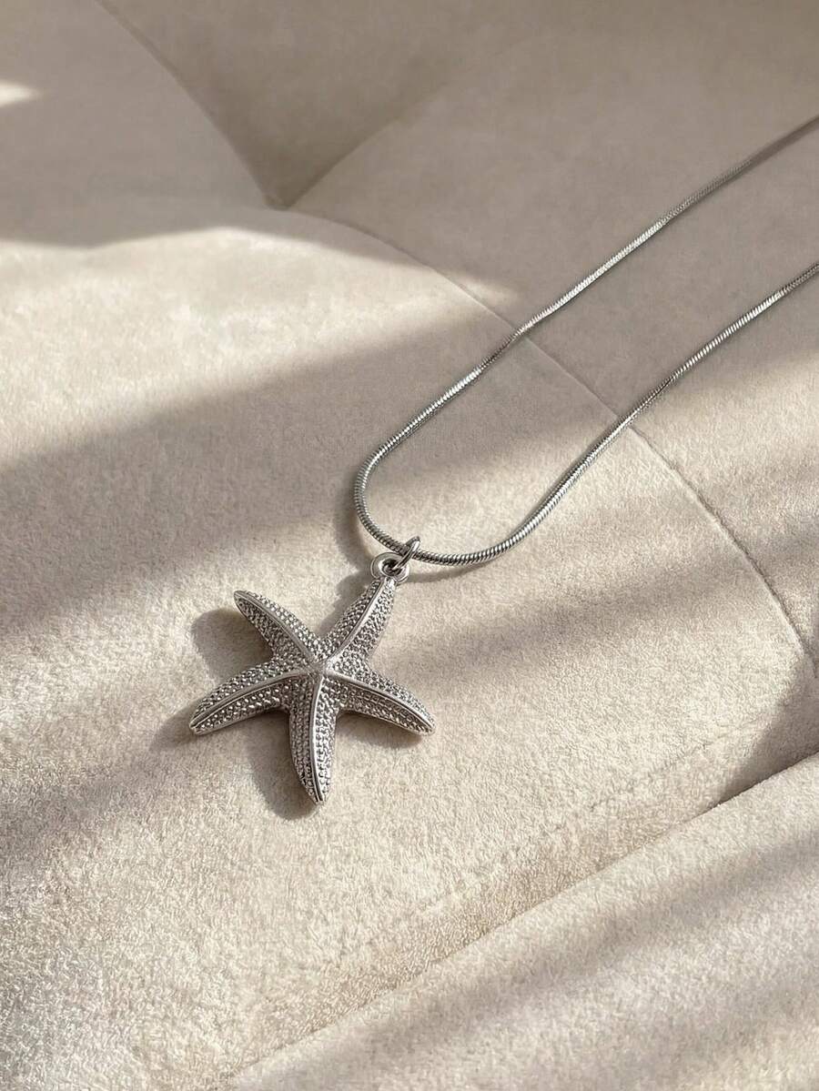 Resyla 1pc Stainless Steel Sea Star Shaped Necklace For Summer - Silver - View 1