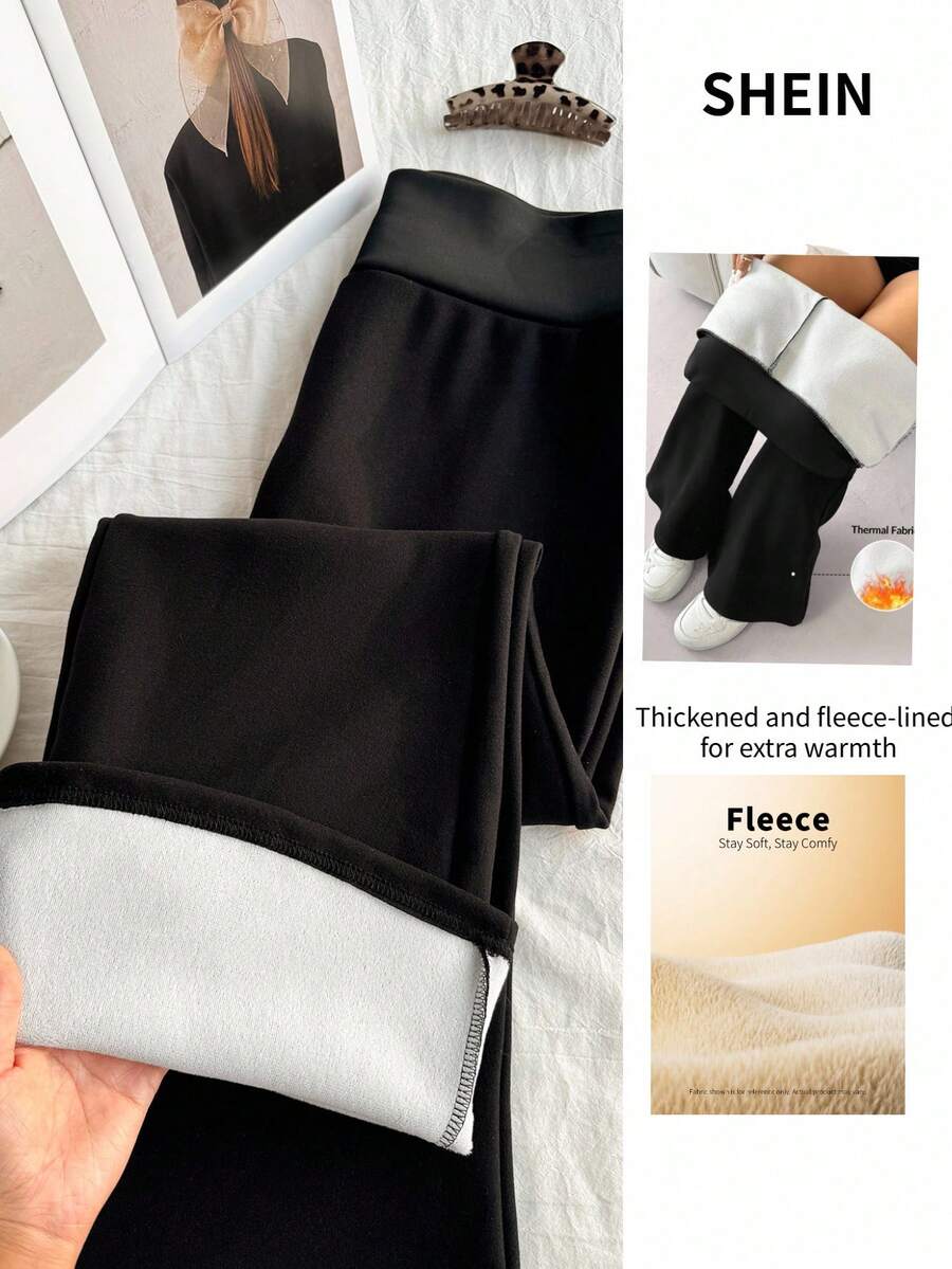 Comfortcana 大码秋冬休闲纯色宽腰加厚裤 - 黑色 - 查看 1