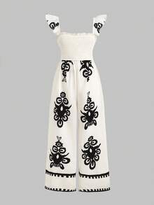 SHEIN Tween Girl Casual Minimalist Comfortable Cap Sleeve Pattern Jumpsuit - Multicolor - View 3