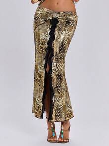 ROMWE Y2K Animal Print Metallic Sexy Beach Vacation Style Ruffle Hem Bodycon Skirt For Women - Gold - View 2