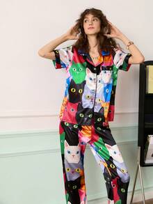 Youthful, Energetic & Interesting Fashion Pop Art Cat Pattern Lapel Cardigan Women Pajama Set - Multicolor - View 3