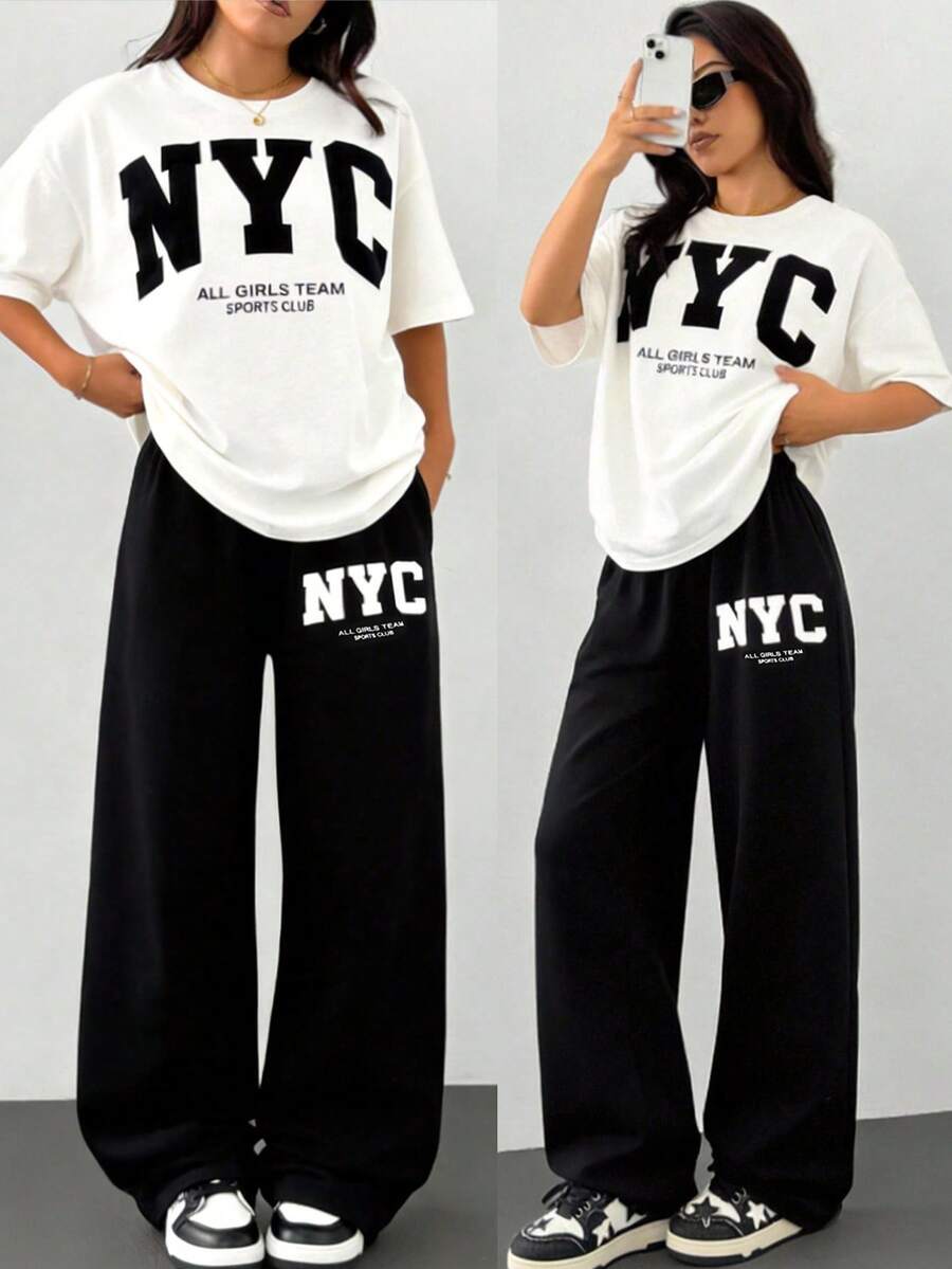 SHEIN Bộ 2 món màu đen trắng dành cho nữ tuổi teen, gồm áo thun cổ tròn dáng ngắn in chữ tiếng Anh và quần ống rộng. - Đen và trắng - Xem 1