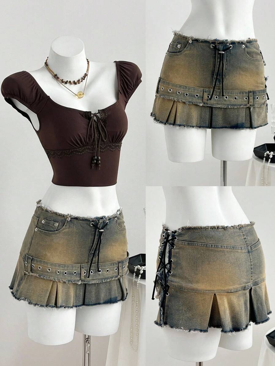 Elamini 女士复古毛边镂空系带牛仔迷你裙，街头时尚 - 霧霾藍 - 查看 1