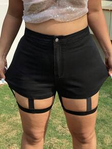 Muchica Quần short denim cạp cao dáng rộng đa năng dành cho nữ cỡ lớn, thích hợp cho mùa xuân/hè. - màu đen - Xem 5