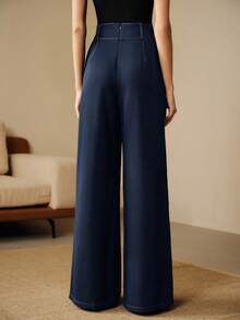 Anewsta 都市时尚休闲复古通勤学院风装饰高腰垂褶女裤 - 深色水洗藍 - 查看 6