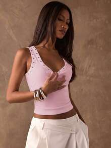 SHEIN BAE Women's Solid Color Rivet Design Ribbed Casual Tank Top,Summer Top - Baby Pink - View 4