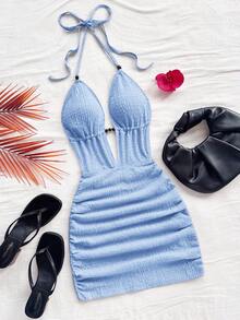 Soleia Women's Solid Color Deep V Neck Ruched Sexy Halter Mini Dress,Summer Dress,Vacation Dress,Summer Dresses For Women - Baby Blue - View 1