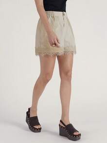 CielaLinda Women Solid Color Lace Patchwork Drawstring Waist Shorts - Khaki - View 6