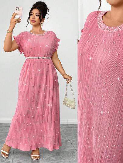 Elenzga 大码女士粉色浪漫情人节连衣裙，圆领珍珠装饰，3D褶皱面料，优雅适合派对、下午茶、鸡尾酒会、通勤、情人节约会、假日、新年等场合。