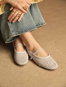 Rosivie Zapatos planos de material trenzado de PU, zapatos elegantes de estilo de oficina para ir y venir - Blanco roto - Ver 2